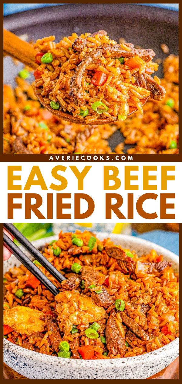 Beef Fried Rice — This better-than-takeout beef fried rice is EASY, ready in 20 MINUTES, and made in ONE skillet! Everyone loves the big juicy strips of steak and perfectly fried rice that's speckled with bits of onions, peas, carrots, and scrambled eggs. The combination of the soy sauces, oyster sauce, and toasted sesame oil make it taste so authentic! 