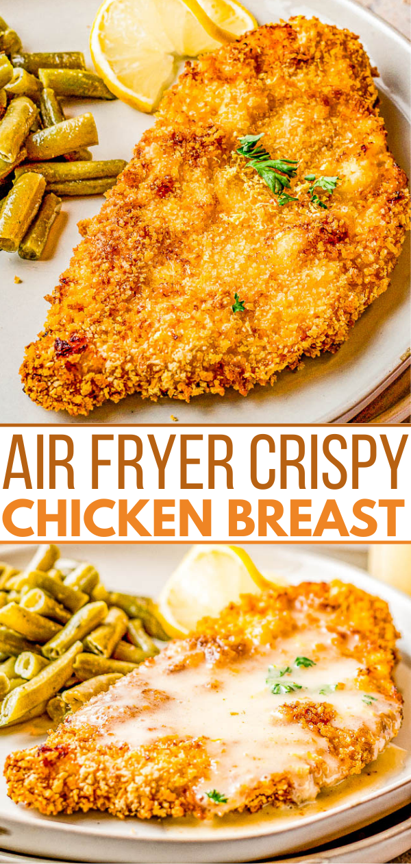 Air Fryer Crispy Chicken Breast - Learn how to make perfectly "fried" chicken in your air fryer! Deliciously crispy on the outside while staying juicy, tender, and moist on the interior. This is the BEST guiltless fried chicken! EASY, ready in 15 minutes, and perfect for busy weeknights when you need to get dinner on the table FAST!