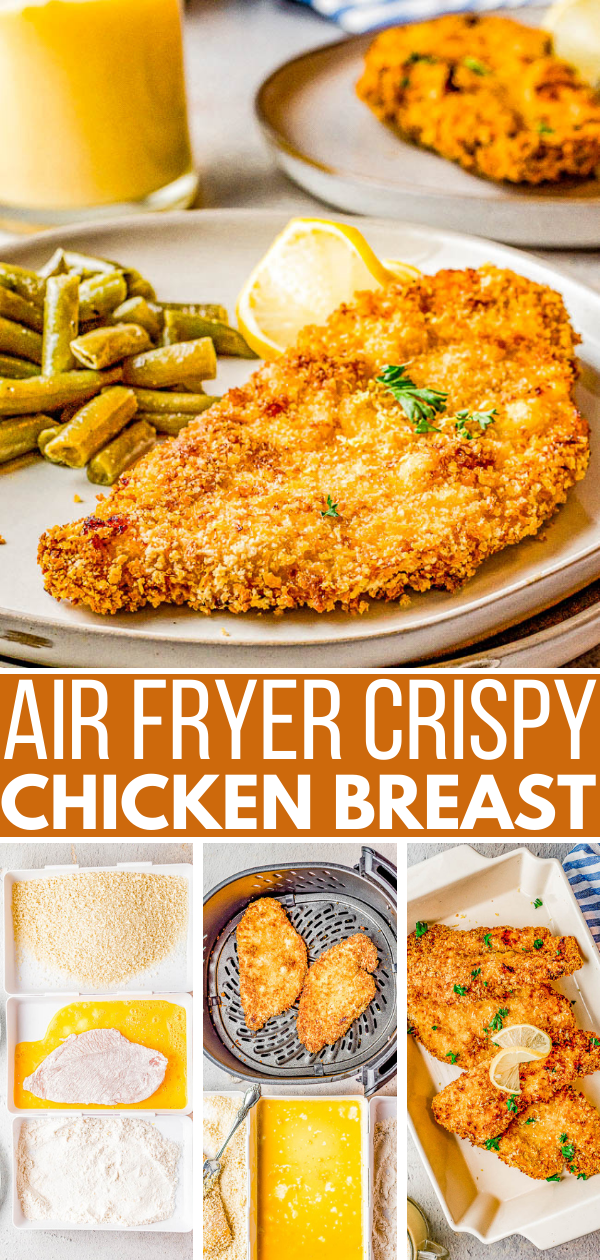 Air Fryer Crispy Chicken Breast - Learn how to make perfectly "fried" chicken in your air fryer! Deliciously crispy on the outside while staying juicy, tender, and moist on the interior. This is the BEST guiltless fried chicken! EASY, ready in 15 minutes, and perfect for busy weeknights when you need to get dinner on the table FAST!