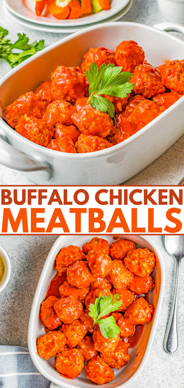 Slow Cooker Buffalo Chicken Meatballs - EASY homemade chicken meatballs that simmer in buffalo wing sauce, seasonings, and spices in your slow cooker! Juicy and full of all the flavor of traditional buffalo chicken wings, minus the messy factor! Great for game day parties, holidays, graduations, or anytime you need an appetizer that kids and adults alike just adore! 