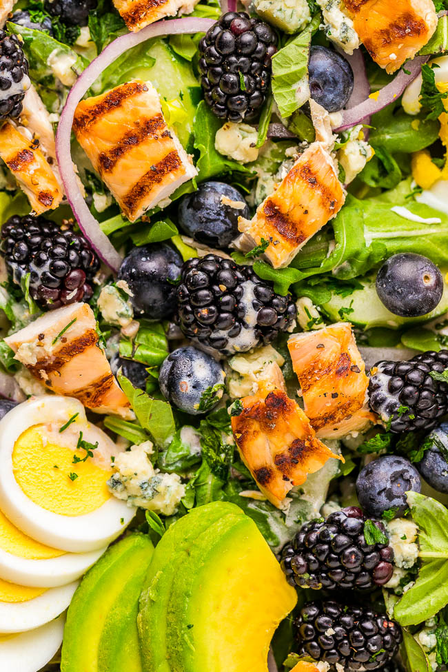 Grilled Chicken Berry Salad - Big, hearty, healthy, and chock full of juicy grilled chicken, blueberries, blackberries, creamy avocado, hard-boiled eggs, and more! Topped with a creamy shake-together red wine Dijon vinaigrette, this is a salad that you'll want to put on rotation all spring and summer! EASY, so flavorful, and ready in 30 minutes!