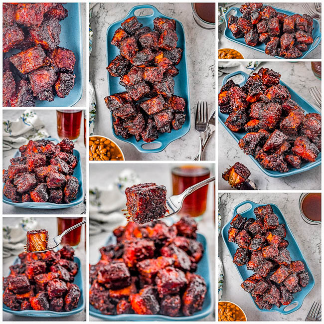 Pork Belly Burnt Ends - Crispy, sticky, sweet-and-savory pieces of pork belly are grilled to burnt ends "perfection"! The pork is moist, tender, and everyone goes crazy for it so double the recipe! Perfect for Memorial Day, Fourth of July, Labor Day, game day parties, or as a special weeknight treat for your family! 