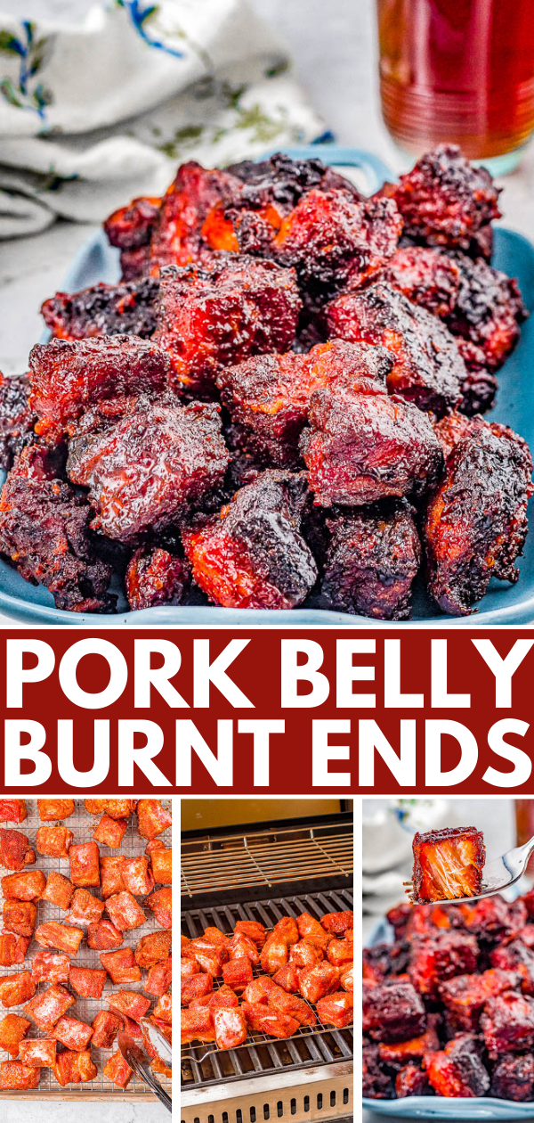Pork Belly Burnt Ends - Crispy, sticky, sweet-and-savory pieces of pork belly are grilled to burnt ends "perfection"! The pork is moist, tender, and everyone goes crazy for it so double the recipe! Perfect for Memorial Day, Fourth of July, Labor Day, game day parties, or as a special weeknight treat for your family! 