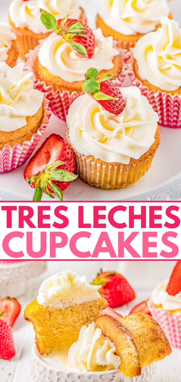 Tres Leches Cupcakes - Homemade vanilla cupcakes with three kinds of milk soaked in giving you the moistest cupcakes ever! EASY to make and the buttercream frosting adds the perfect light touch to these AUTHENTIC tasting cupcakes! Put them on the menu for your next event, birthday or graduation party, or of course a Cinco de Mayo fiesta! 