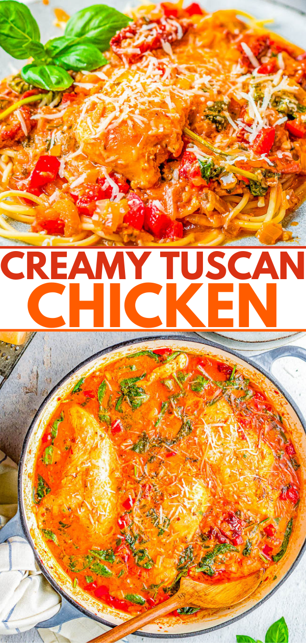 Creamy Tuscan Chicken - Tender, juicy chicken is simmered in a homemade sun dried tomato cream sauce for a family FAVORITE dinner! Between the fresh herbs, white wine, Parmesan cheese, and heavy cream this is a comfort food Italian classic that everyone LOVES! Made in just ONE SKILLET and ready in 45 minutes! 