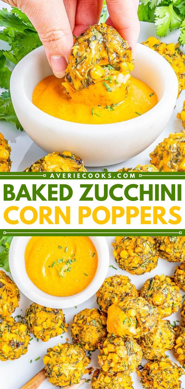 Baked Zucchini Corn Poppers - Celebrating the flavors of summer in these EASY poppers that are slightly crispy on the outside and soft on the inside! Layered with flavor thanks to not only zucchini and corn, but also shredded cheese, fresh herbs and spices, and serrano chili for a kick making you want to pop just one more! Air fryer instructions as well as vegan and gluten-free options provided. 