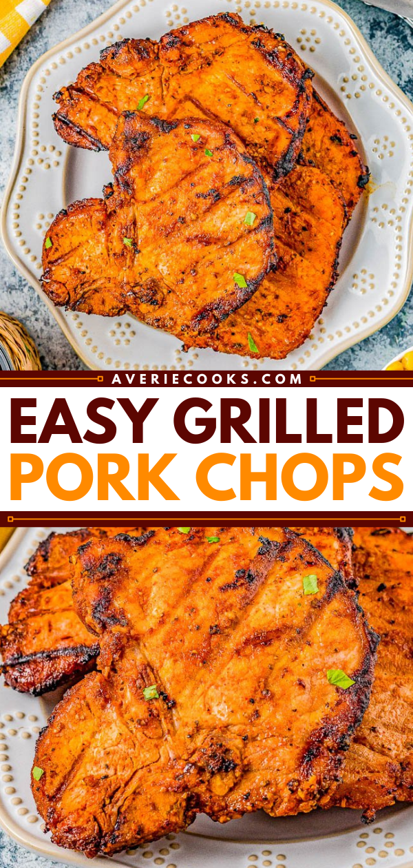Grilled Pork Chops - Learn how to make juicy and tender pork chops on the grill thanks to a super simple homemade marinade that provides the perfect amount of savory flavor! When combined with the natural smoky flavor you get from the grill, these marinated grilled pork chops are a FAST and EASY family favorite! Indoor cooking instructions also provided.