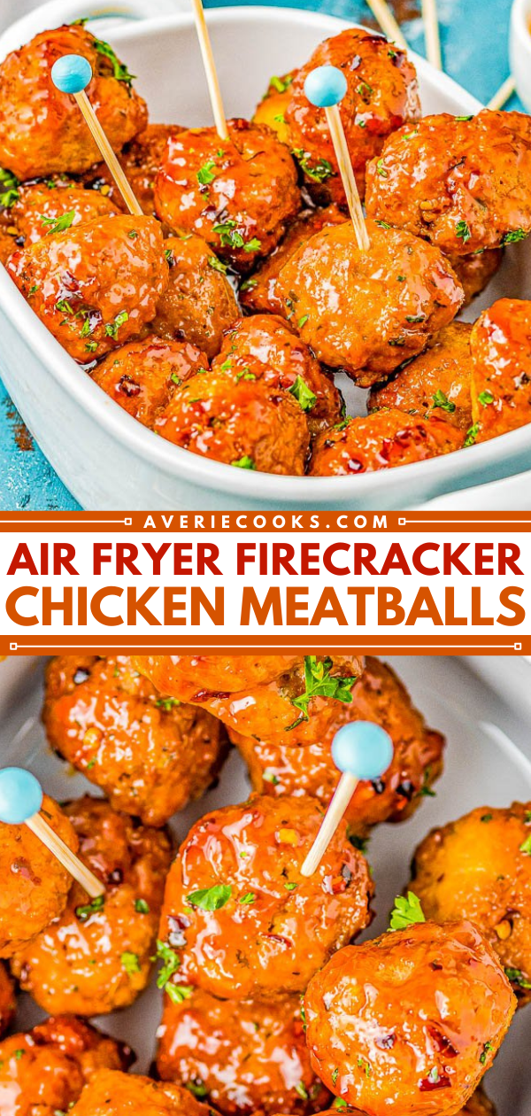 Firecracker Air Fryer Chicken Meatballs — Lightly crisped on the outside, juicy and tender on the inside, these homemade meatballs are air fried and then coated in a sweet-with-tangy-heat firecracker sauce with the perfect amount of heat!