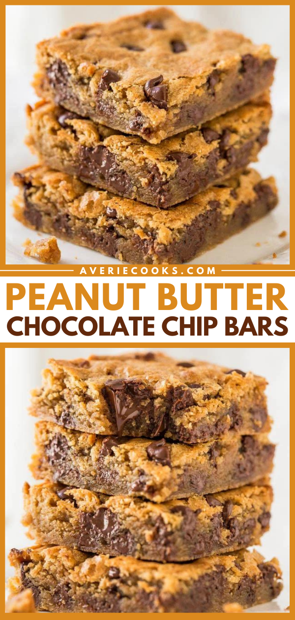 Peanut Butter Chocolate Chip Bars — These peanut butter chocolate bars are loaded with chocolate chips and creamy peanut butter. This is a one-bowl dessert you're bound to love!