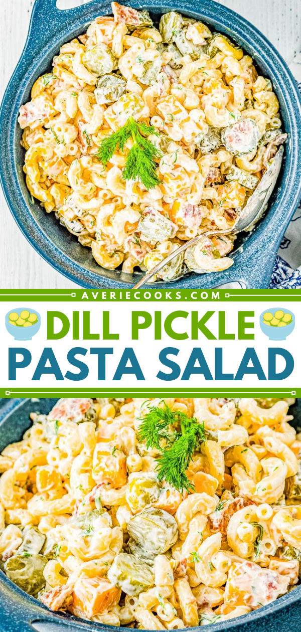 Dill Pickle Pasta Salad — Calling all pickle fans, you're going to love this creamy pasta salad with crunchy dill pickles in every bite! Along with cubes of cheese and crumbled bacon, this pasta salad will be the star of your next picnic, potluck, barbecue, or summer holiday! FAST, EASY, and IRRESISTIBLE! 