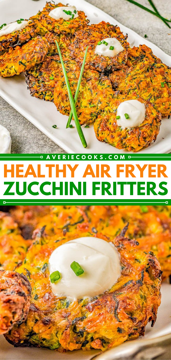 Air Fryer Zucchini Fritters — Lightly crisped on the outside, tender on the inside, and makes use of summer's most abundant vegetable! And air frying the zucchini fritters keeps them healthier than actual frying without sacrificing taste or texture! Perfect as an appetizer, side dish, or healthy main course. Oven baking instructions also provided.