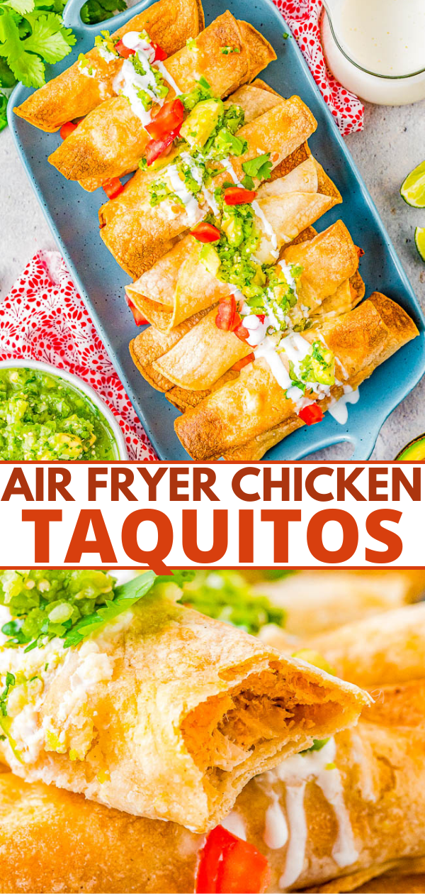 Air Fryer Chicken Taquitos - All the flavor of the chicken taquitos in your favorite Mexican restaurant, but healthier because these are air fried! Crispy and crunchy on the outside with a perfectly spicy chicken, cheese, and cream cheese filling mixture that just melts in your mouth! EASY, ready in 20 minutes, and the whole family will want seconds! Oven baking instructions are also provided.