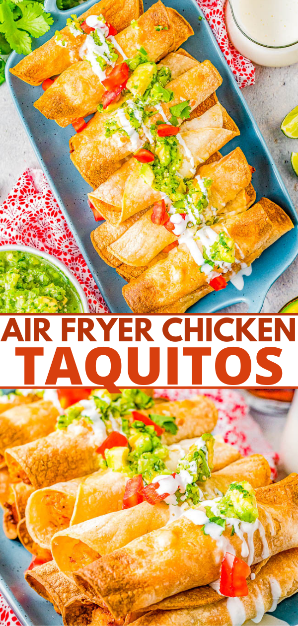 Air Fryer Chicken Taquitos - All the flavor of the chicken taquitos in your favorite Mexican restaurant, but healthier because these are air fried! Crispy and crunchy on the outside with a perfectly spicy chicken, cheese, and cream cheese filling mixture that just melts in your mouth! EASY, ready in 20 minutes, and the whole family will want seconds! Oven baking instructions are also provided.