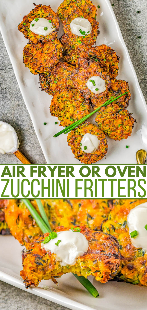 Air Fryer Zucchini Fritters - Lightly crisped on the outside, tender on the inside, and makes use of summer's most abundant vegetable! And air frying the zucchini fritters keeps them healthier than actual frying without sacrificing taste or texture! Perfect as an appetizer, side dish, or healthy main course. Oven baking instructions also provided.