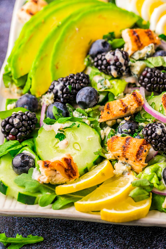 Grilled Chicken Berry Salad - Big, hearty, healthy, and chock full of juicy grilled chicken, blueberries, blackberries, creamy avocado, hard-boiled eggs, and more! Topped with a creamy shake-together red wine Dijon vinaigrette, this is a salad that you'll want to put on rotation all spring and summer! EASY, so flavorful, and ready in 30 minutes!