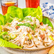 Classic chicken salad in a bowl.