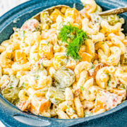 Dill Pickle Pasta Salad in a blue pot.