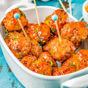 Air Fryer Firecracker Chicken Meatballs - Lightly crisped on the outside, juicy and tender on the inside, these homemade meatballs are air fried and then coated in a sweet-with-tangy-heat firecracker sauce with the perfect amount of heat! Serve these as an appetizer or as the main course. They're perfect for parties and events, too! Oven baking instructions provided as well as for how to make them using frozen meatballs.