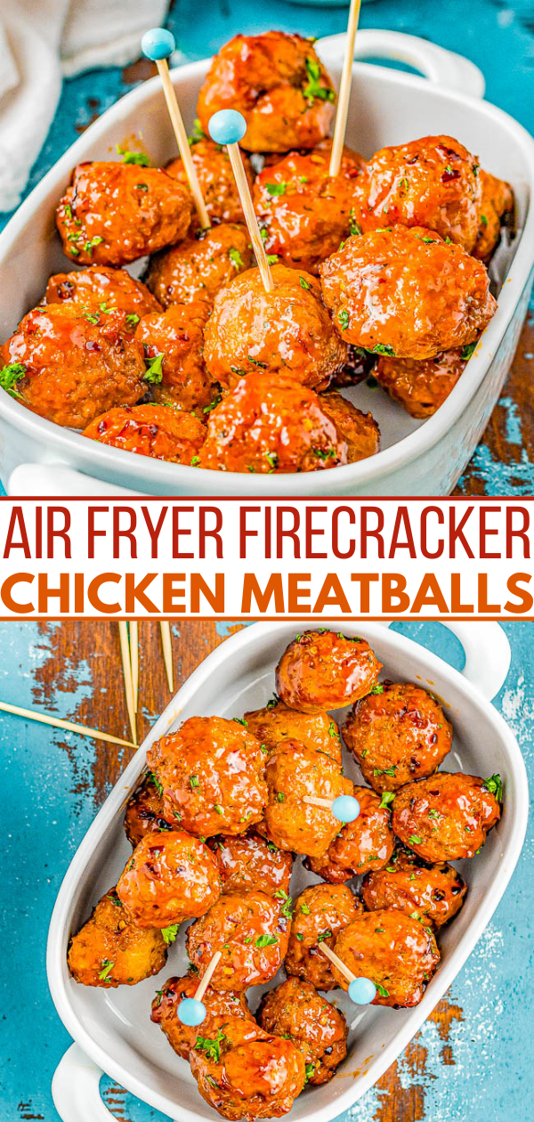 Firecracker Air Fryer Chicken Meatballs — Lightly crisped on the outside, juicy and tender on the inside, these homemade meatballs are air fried and then coated in a sweet-with-tangy-heat firecracker sauce with the perfect amount of heat!