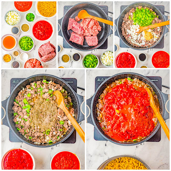 Photo collage of how to make American style goulash 