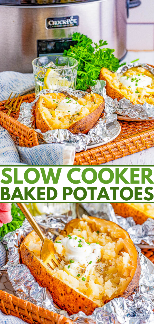 Slow Cooker Baked Potatoes - Learn how to make soft, fluffy, tender potatoes with super delicious skin in your slow cooker! Use this method when you want to free up oven space for a holiday meal or when you don't want to turn your oven on and heat up your house. Foolproof, perfect potatoes every time! 