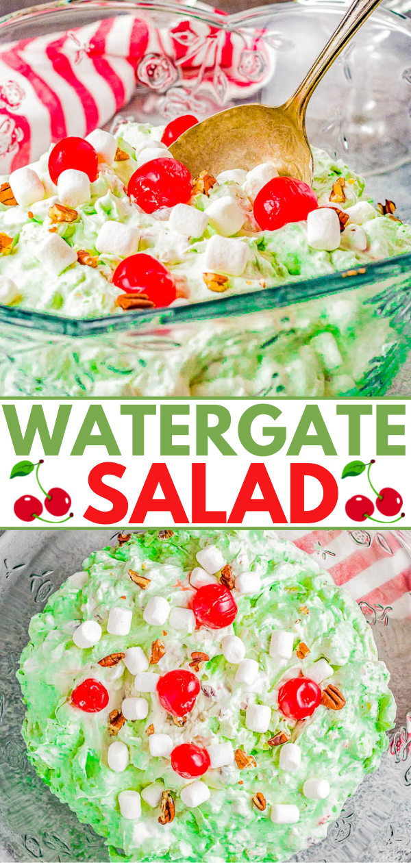 Watergate Salad - The classic side salad that's light, sweet, fluffy, and creamy! Made with just 6 ingredients including pineapple, pistachio pudding mix, marshmallows, maraschino cherries, pecans, and whipped topping! A one-bowl, stir-together, 5-minute recipe that's perfect for casual events, parties, and family dinners. Everyone loves this one!
