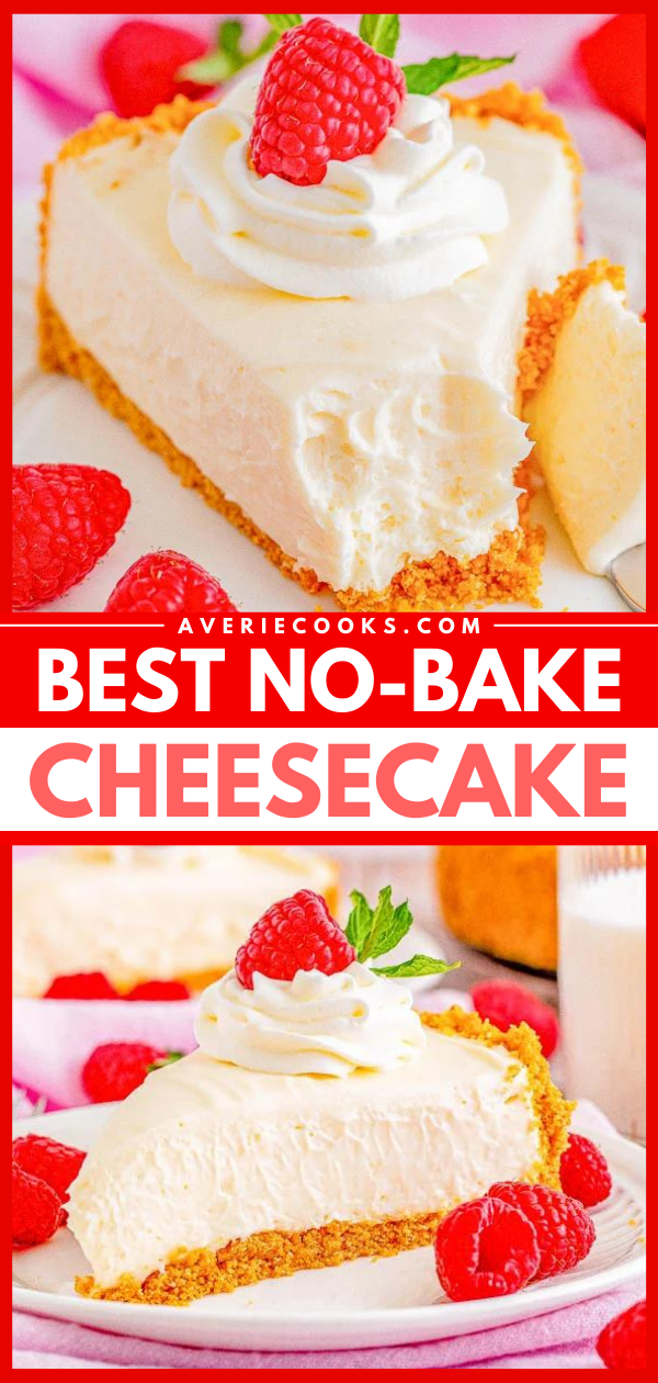 Best No-Bake Cheesecake — Look no further than this EASY recipe for PERFECT no-bake cheesecake with a tangy, cream cheese-forward flavor, and a homemade graham cracker crust! Impress your family and friends by serving them the BEST no-bake cheesecake after a special family dinner, as a holiday dessert, or anytime you're craving perfect cheesecake! 