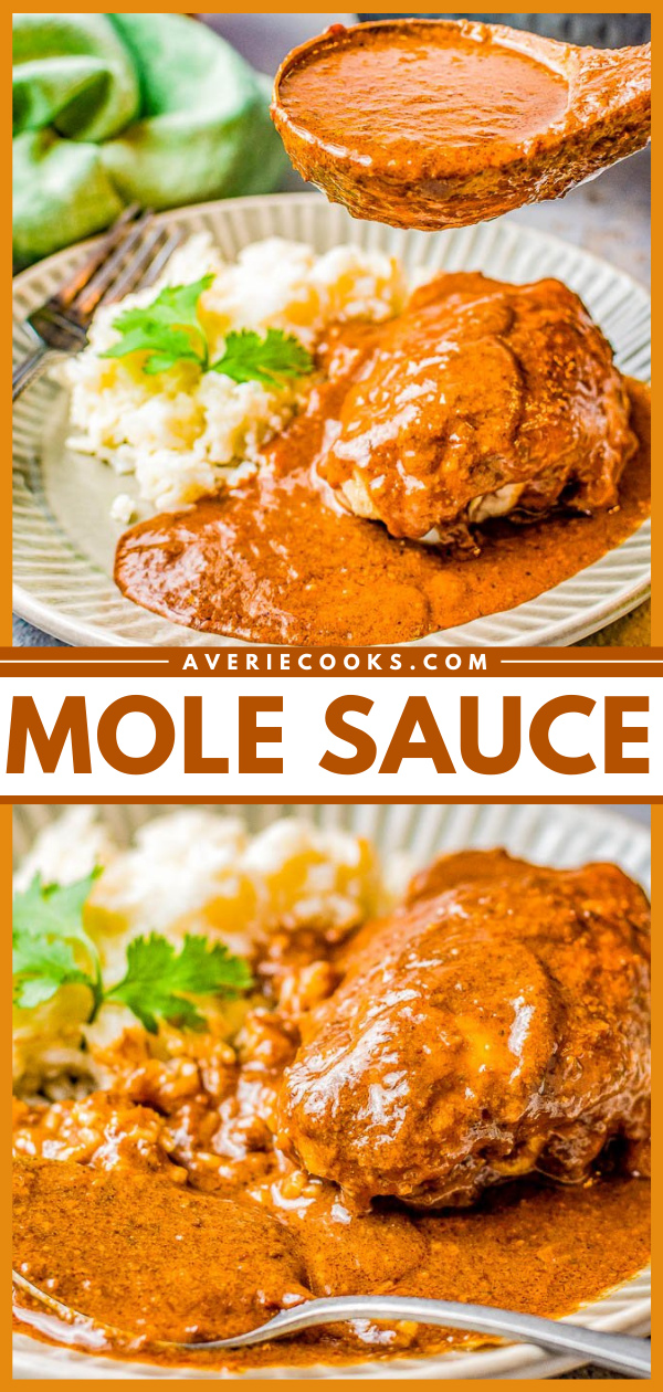 Mole Sauce - Making homemade mole is an act of love but worth every second because of the incredible depth of flavor! The combination of dried chiles, tomatoes, spices, cinnamon, chocolate, and peanut butter is absolute savory-sweet-smoky-slightly spicy perfection! Learn how to make traditional mole sauce that's so authentic tasting! 