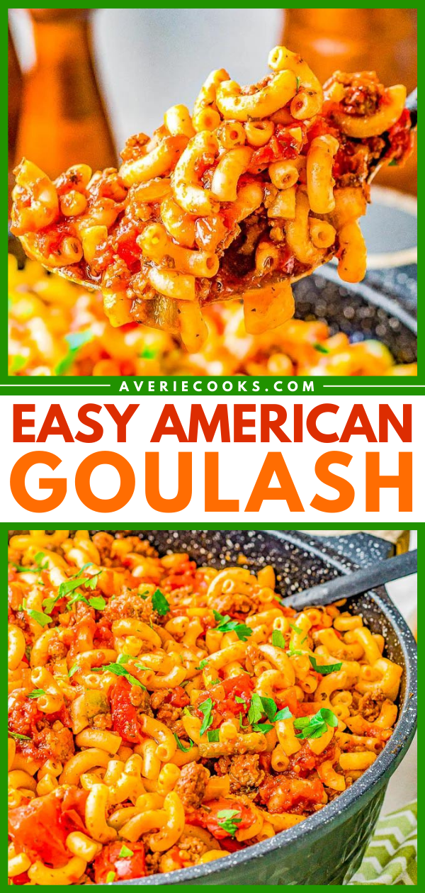 American Goulash — Hearty, easy, comfort food made with ground beef and sausage, tender elbow macaroni, green peppers, onions, and tomatoes. The mixture simmers in marinara sauce for layers of flavor! Ready in just 30 minutes and makes a big batch that's perfect for potlucks, picnics, game days, or to have planned leftovers on hand. This classic American goulash recipe is always a family favorite! 
