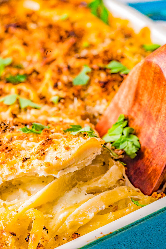 Baked Chicken Fettuccine Alfredo - Italian-inspired, pure. hearty, comfort food! Fettuccine noodles are tossed in a homemade creamy and cheesy alfredo sauce, topped with chicken, baked, and finished off with crispy crunchy breadcrumbs!  A classic yet easy recipe that'll be a guaranteed family favorite!