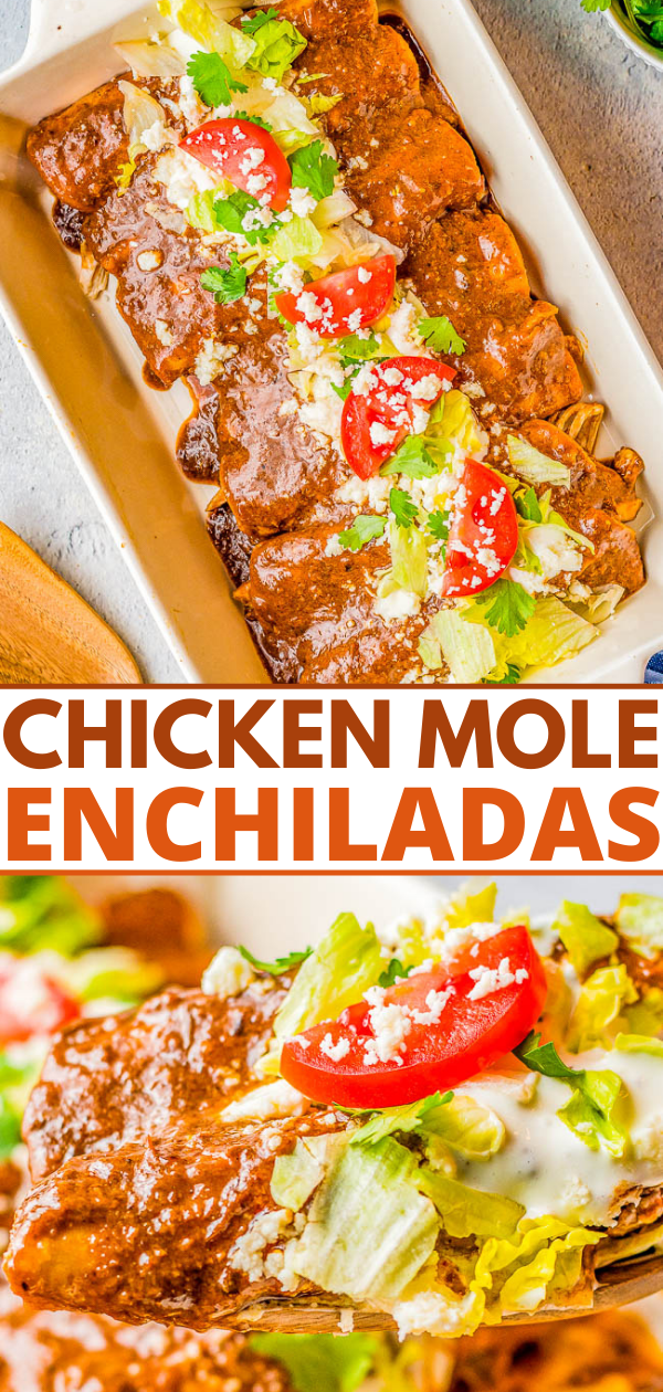 Chicken Mole Enchiladas - Lightly fried corn tortillas are stuffed with chicken, rolled up, and smothered in rich mole sauce for the best chicken mole enchiladas! A classic, Mexican-inspired family favorite comfort food recipe made FAST and EASY! A shortcut mole recipe that doctors up store bought mole is provided if you don't want to make homemade mole. 
