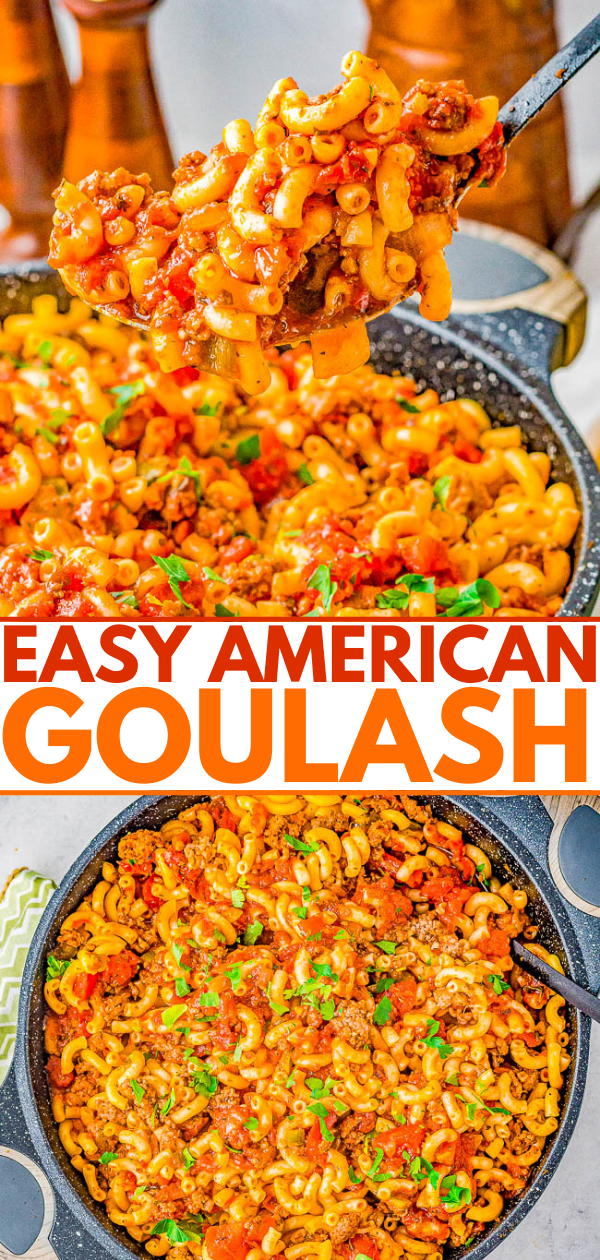 American Goulash - Hearty, easy, comfort food made with ground beef and sausage, tender elbow macaroni, green peppers, onions, and tomatoes. The mixture simmers in marinara sauce for layers of flavor! Ready in just 30 minutes and makes a big batch that's perfect for potlucks, picnics, game days, or to have planned leftovers on hand. This classic American goulash recipe is always a family favorite! 