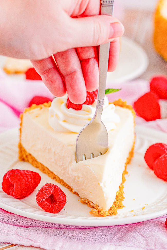 Best No-Bake Cheesecake - Look no further than this EASY recipe for PERFECT no-bake cheesecake recipe with a tangy, cream cheese-forward flavor, and a homemade graham cracker crust! Impress your family and friends by serving them the BEST no-bake cheesecake after a special family dinner, as a holiday dessert, or anytime you're craving perfect cheesecake! 