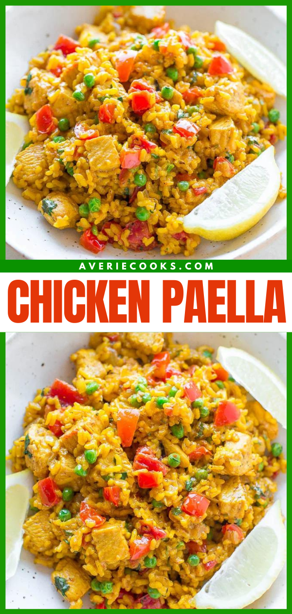 Easy Chicken Paella — If you're never made paella before, here's how with this EASY recipe ready in 45 minutes!! Juicy chicken and tender rice with onions, peppers, tomatoes, and more! So much FLAVOR in every bite!!
