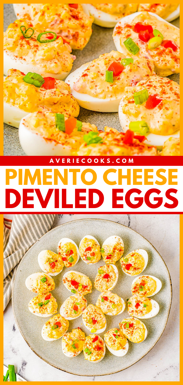Pimento Cheese Deviled Eggs — A FAST and EASY recipe for the BEST deviled eggs because they're creamy, cheesy, and spiked with pimentos! Whether you're making them for a holiday party, game day or tailgating event, these are sure to be a crowd FAVORITE!