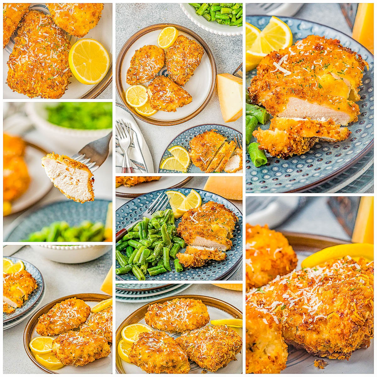Air Fryer Parmesan Chicken - Coated in a mixture of panko bread crumbs and Parmesan cheese, this "fried" chicken is perfectly crispy on the outside and juicy, tender, and moist inside! It's EASY, ready in 15 minutes, perfect for busy weeknights, and a healthier way to indulge in fried chicken! Oven-baking instructions also provided.