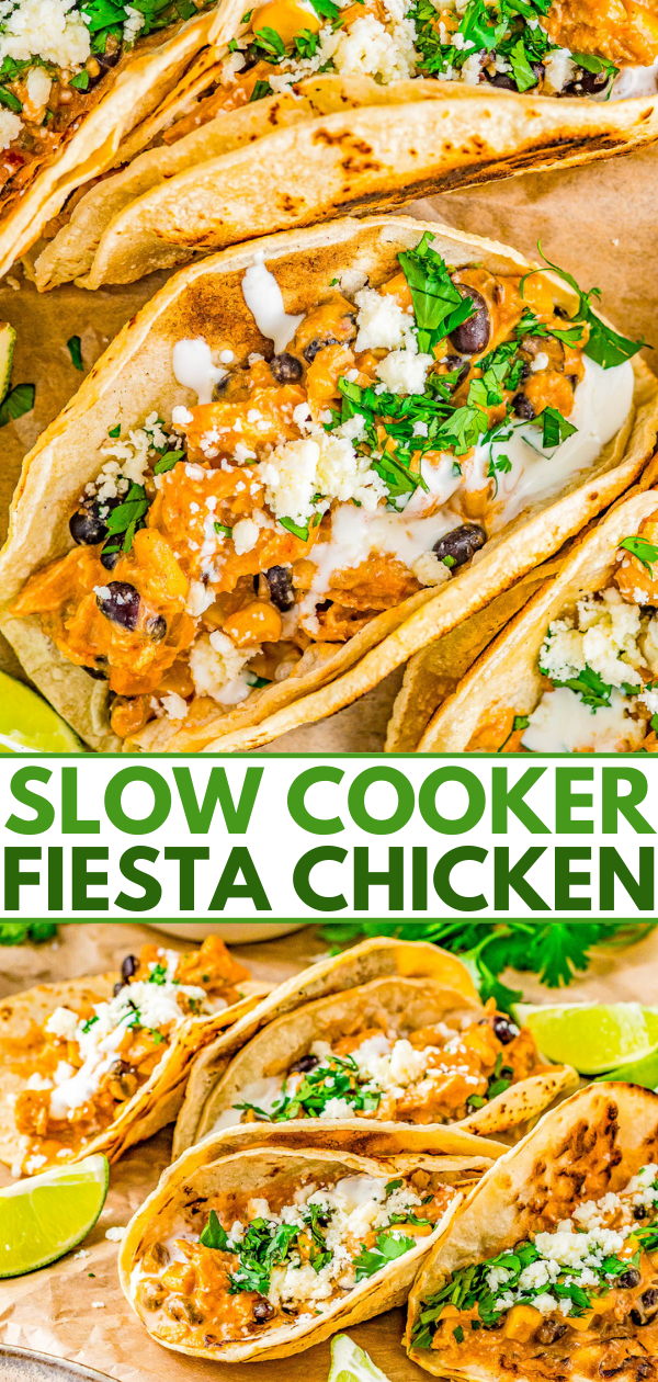 Slow Cooker Fiesta Chicken - An EASY Crock-Pot recipe for fiesta ranch chicken that the whole family LOVES! There's tender chicken, cream cheese, salsa, black beans, green chiles, and more which creates a little fiesta in your mouth! Serve it as-is, over rice, or in tacos. Perfect for busy weeknight dinners or make it for your next game day party! 