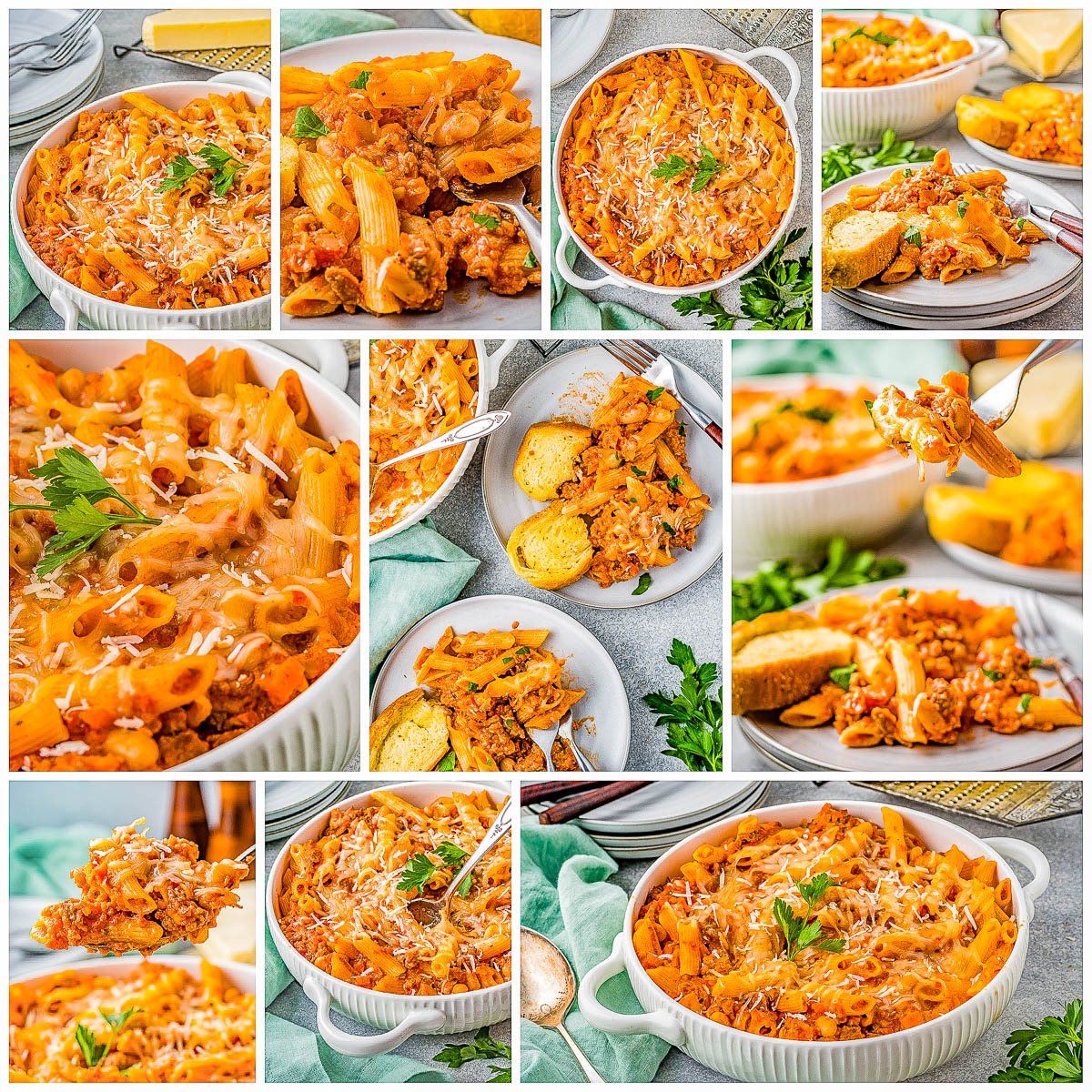 Pasta e Fagioli al Forno - Learn how to make this classic, Italian, comfort-food pasta recipe at home in just one hour! Chock full of juicy Italian sausage, tender penne pasta and cannellini beans, and a rich homemade red sauce with fabulous depth of flavor! Plus there are three types of cheeses used in this family-favorite recipe everyone will be begging you to make again! 