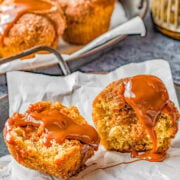 Dulce de Leche Churro Muffins - All the flavors and satisfaction of fresh churros but in muffin form with no frying involved! Brushed with melted butter, rolled in cinnamon-and-sugar, and filled with dulce de leche or caramel sauce, these FAST and EASY muffins are so soft, moist, and PERFECTLY decadent! 