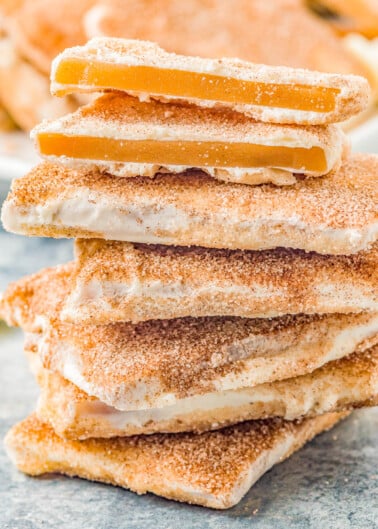 Churro Toffee - This Disneyland copycat recipe might be even more delicious than the real deal! Buttery, crunchy toffee is coated in sweet white chocolate that's dusted with a scrumptious combination of cinnamon and sugar for an irresistible churro flavor sensation! Just one bite of this homemade candy will make you feel like you're strolling right down Main Street!