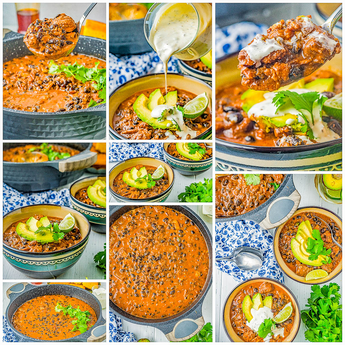 Triple Pork Black Bean Chili - Three types of pork including bacon, pork roast, and chorizo plus black beans and more in this comforting, hearty, and filling chili recipe! Easy and perfect for chilly weather, family dinners, or make it for game day or tailgating parties! 