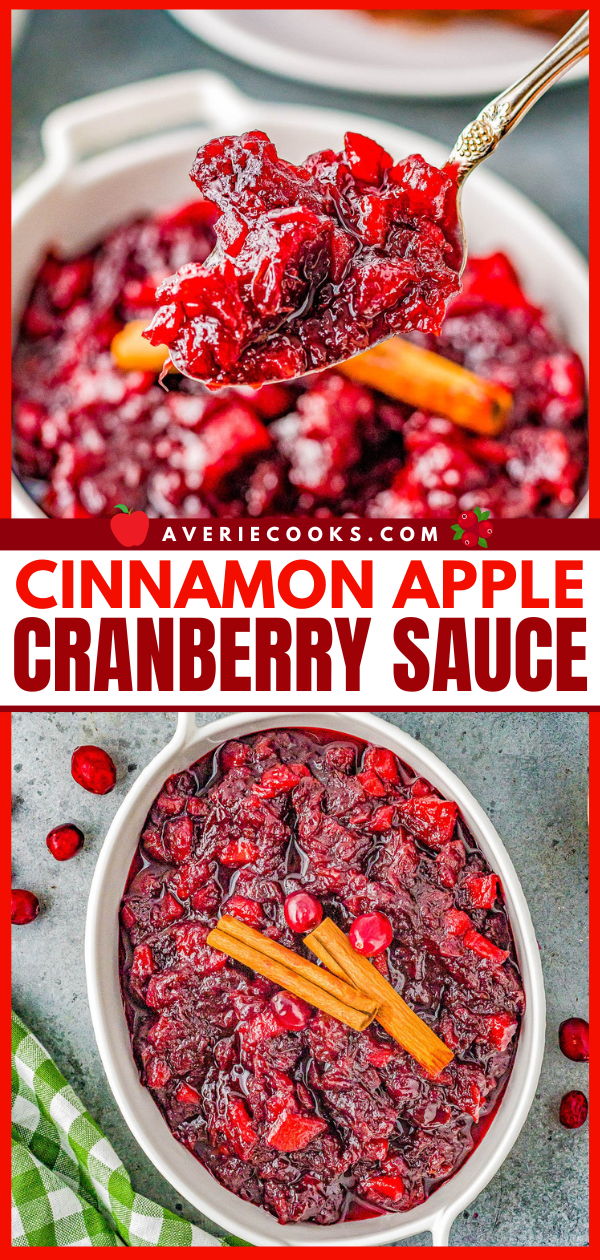 Spiced Cranberry Sauce with Apples — Spice up your holiday celebrations with this scrumptious FAST and EASY homemade cranberry sauce that's made with cranberries, apples, apple cider, cinnamon sticks, and allspice for the PERFECT must-make side dish! A lovely balance of sweet-yet-tart with warmly spiced flavors so you'll never want to think about using store bought sauce again! 