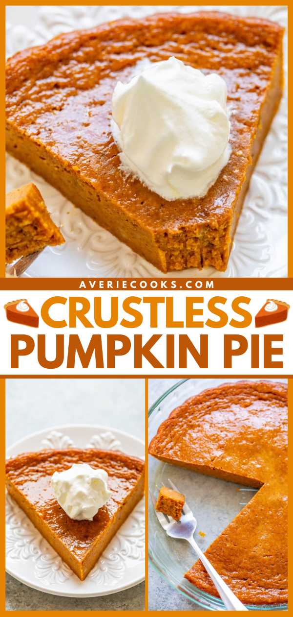 Crustless Pumpkin Pie — The EASIEST pumpkin pie you'll ever make because there's no crust!! One bowl, no mixer, and the pie is PERFECTLY flavored with plenty of pumpkin spice and everything nice! Put this pie on your holiday menu!!