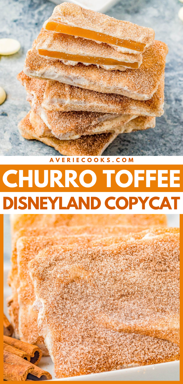 Churro Toffee — This Disneyland copycat recipe might be even more delicious than the real deal! Buttery, crunchy toffee is coated in sweet white chocolate that's dusted with a scrumptious combination of cinnamon and sugar for an irresistible churro flavor sensation! Just one bite of this homemade candy will make you feel like you're strolling right down Main Street!