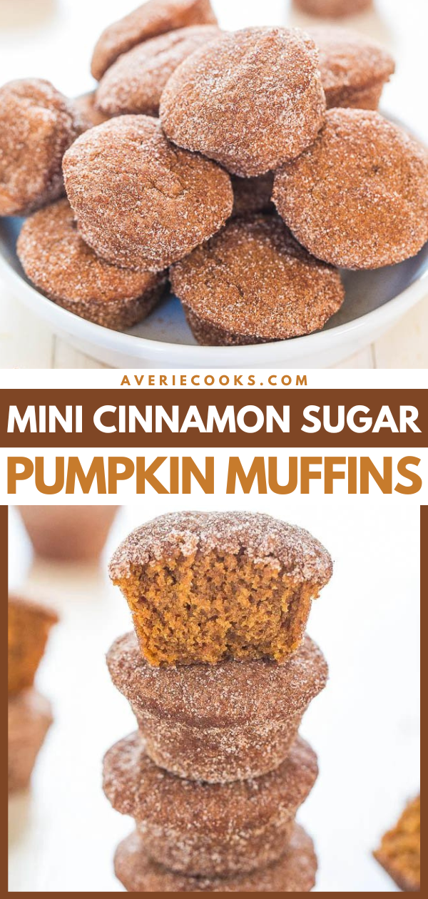 Cinnamon Sugar Mini Pumpkin Muffins — These mini pumpkin muffins are coated in cinnamon sugar and are bursting with fall flavor! Even better, they're fast, easy, and accidentally vegan! 