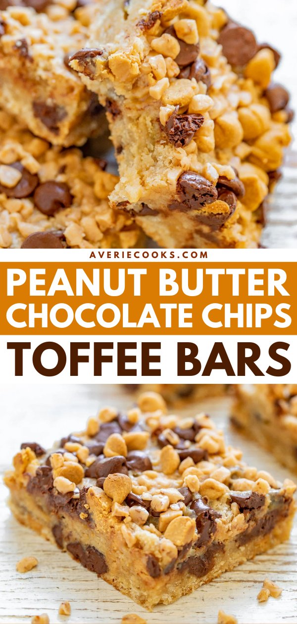 Peanut Butter Chocolate Chip Toffee Bars — Thick, rich, decadent cookie bars made with chocolate chips, peanut butter chips, creamy sweetened condensed milk, and crunchy toffee bits! A FAST and EASY no mixer, one bowl recipe that is sure to impress friends and family! The bars also keep fresh for a long time and are a great make-ahead dessert or great for gifting.
