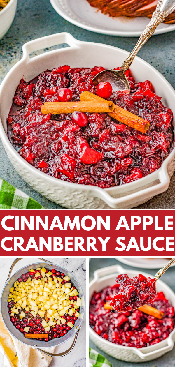 Cinnamon Apple Cranberry Sauce - Spice up your holiday celebrations with this scrumptious FAST and EASY homemade cranberry sauce that's made with cranberries, apples, apple cider, cinnamon sticks, and allspice for the PERFECT must-make side dish! A lovely balance of sweet-yet-tart with warmly spiced flavors so you'll never want to think about using store bought sauce again! 