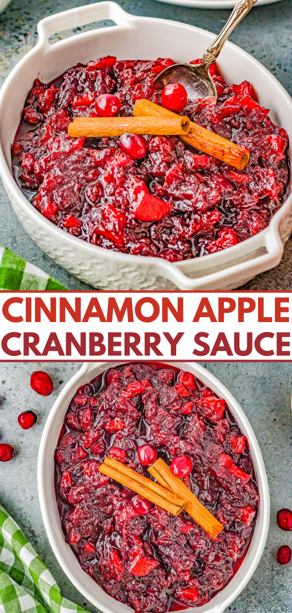 Cinnamon Apple Cranberry Sauce - Spice up your holiday celebrations with this scrumptious FAST and EASY homemade cranberry sauce that's made with cranberries, apples, apple cider, cinnamon sticks, and allspice for the PERFECT must-make side dish! A lovely balance of sweet-yet-tart with warmly spiced flavors so you'll never want to think about using store bought sauce again! 