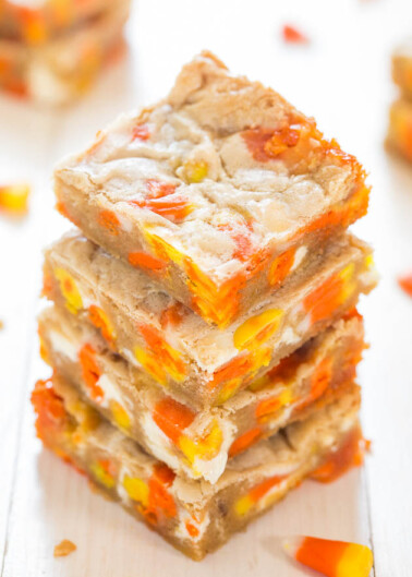 Candy Corn White Chocolate Blondies — These white chocolate blondies are studded with candy corn. They're the perfect Halloween dessert recipe that kids and adults alike go crazy for!
