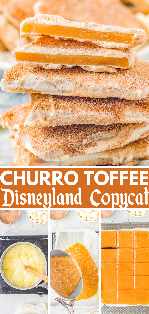 Churro Toffee - This Disneyland copycat recipe might be even more delicious than the real deal! Buttery, crunchy toffee is coated in sweet white chocolate that's dusted with a scrumptious combination of cinnamon and sugar for an irresistible churro flavor sensation! Just one bite of this homemade candy will make you feel like you're strolling right down Main Street!
